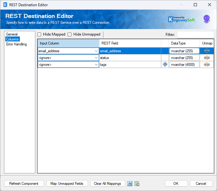EmailOctopus Destination Component - Columns
